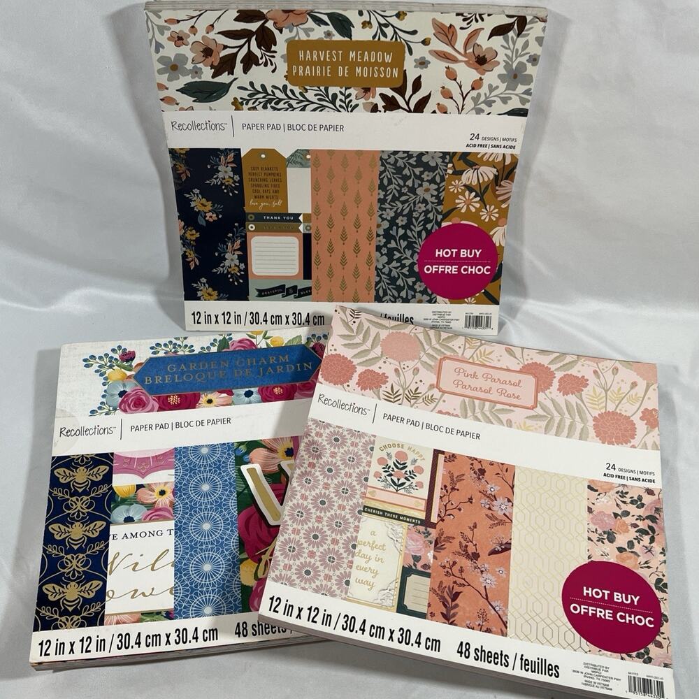 Recollections Lot of 3 Floral Scrapbook Paper Pink Garden Harvest Meadow 12x12